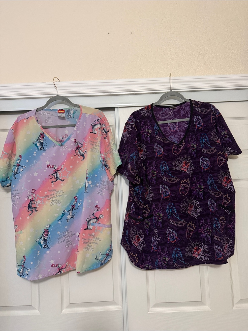 Lot of 3 scrub tops. Dr.Seuse, Disney villains and Alice in Wonderland